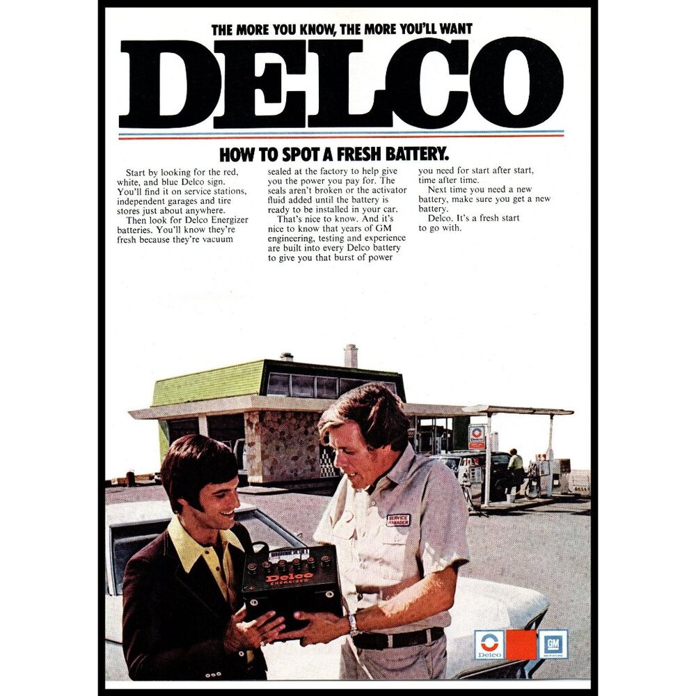 1973 Delco Auto Parts Energizer Car Battery Vintage Print Ad Gas Pumps Wall Art
